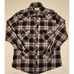 Vintage Wrangler Pearl Snap Mens Large Gray Rancher Western Cowboy Flannel Shirt